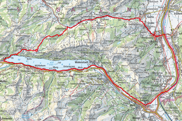 Bike-Route Arvenbüel - Starkenbach - Buchs - Sargans - Walenstadt - Weesen - Arvenbüel