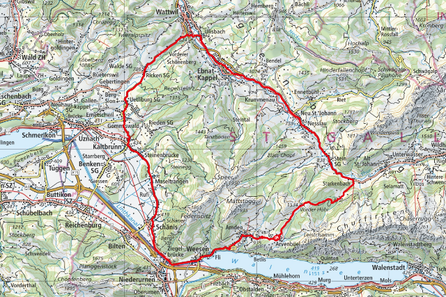 Bike-Route Arvenbüel - Starkenbach - Ebnat Kappel - Ricken - Kaltbrunn - Ziegelbrücke - Weesen - Arvenbüel