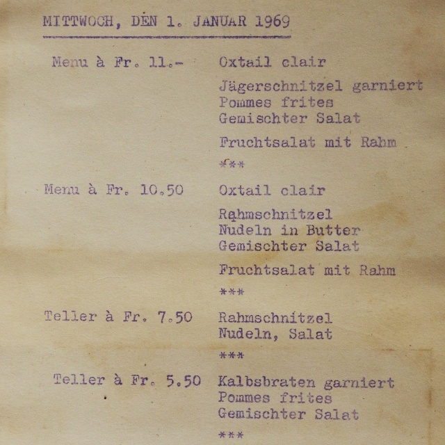 Tagesmenü Arvenbüel 1969